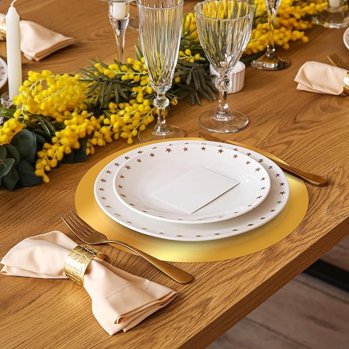50PCS Gold Paper Placemats for Dinner Plates, 13 Inch Round Disposable Chargers, Shiny Holiday Place Mat for Dining Table Setting Valentine's Day Weddings Birthday Parties Kitchen Banquet Decor