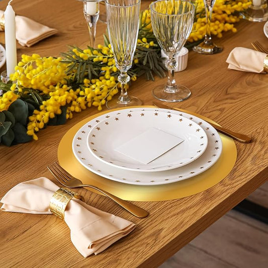 50PCS Gold Paper Placemats for Dinner Plates, 13 Inch Round Disposable Chargers, Shiny Holiday Place Mat for Dining Table Setting Valentine's Day Weddings Birthday Parties Kitchen Banquet Decor
