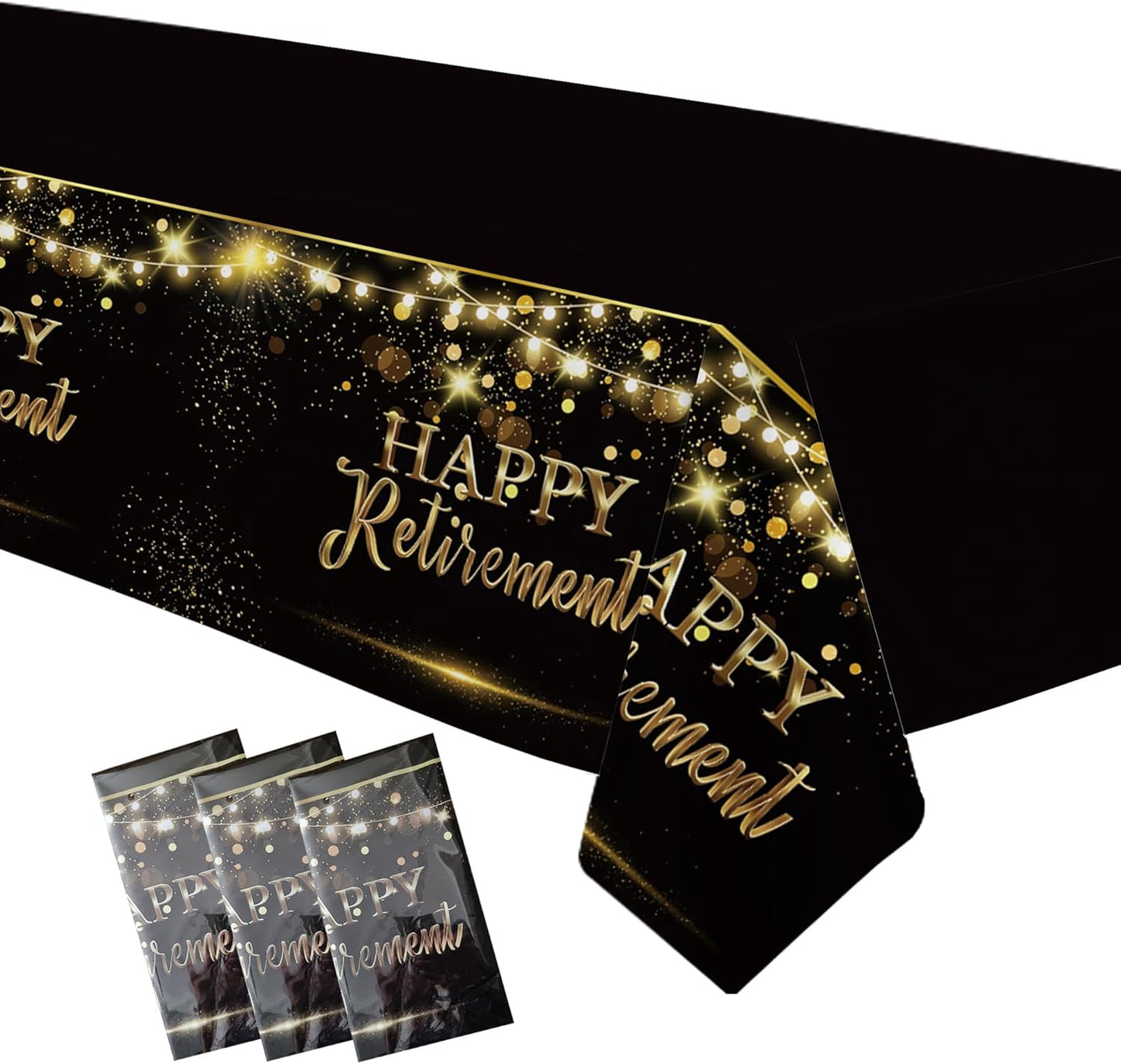 3 Pack Retirement Decorations Party Supplies Tablecloth - Gold Black Happy Retirement Decorations Table Cover for Men Women, 54in x 108in