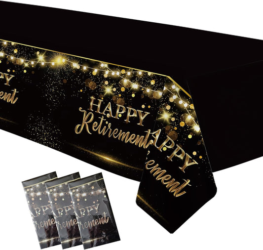 3 Pack Retirement Decorations Party Supplies Tablecloth - Gold Black Happy Retirement Decorations Table Cover for Men Women, 54in x 108in