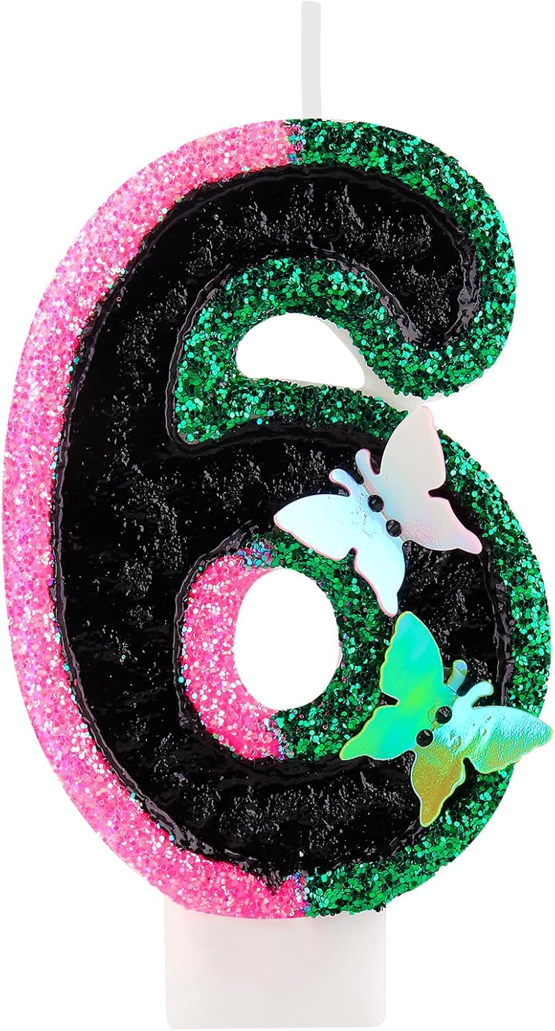 Birthday Number 6 Candles Pink Black and Green Butterfly Birthday Candles for Glitter Cake Topper with Sequins Decorations Girls Women Witch Theme Anniversary Celebrations Supplies