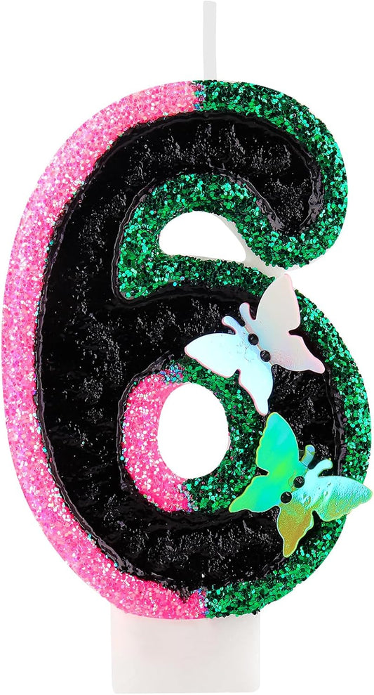 Birthday Number 6 Candles Pink Black and Green Butterfly Birthday Candles for Glitter Cake Topper with Sequins Decorations Girls Women Witch Theme Anniversary Celebrations Supplies