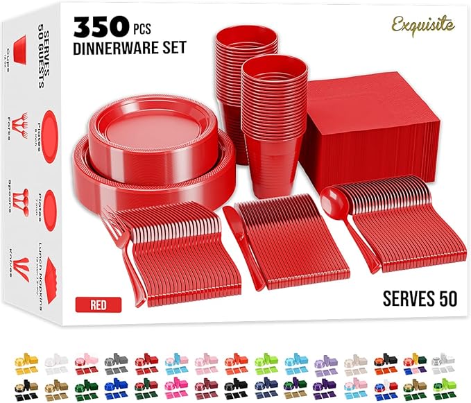 350 Pcs Red Plastic Plates For Party, Red Disposable Plates Set, 50 Of Each 9" Dinner Plate Set, 7" Dessert Plate, Cups, Napkins & Cutlery Plastic Dinnerware Exquisite