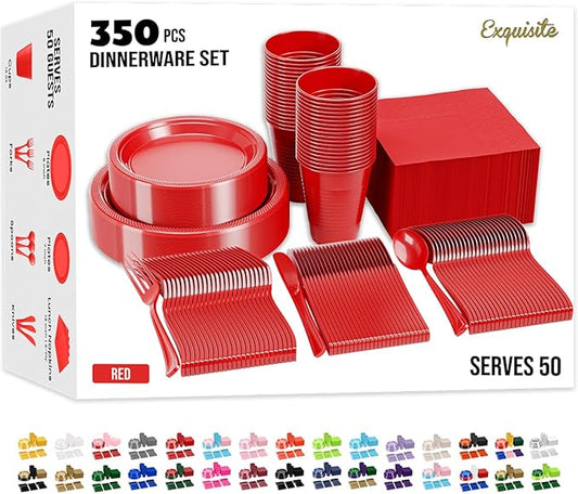 350 Pcs Red Plastic Plates For Party, Red Disposable Plates Set, 50 Of Each 9" Dinner Plate Set, 7" Dessert Plate, Cups, Napkins & Cutlery Plastic Dinnerware Exquisite