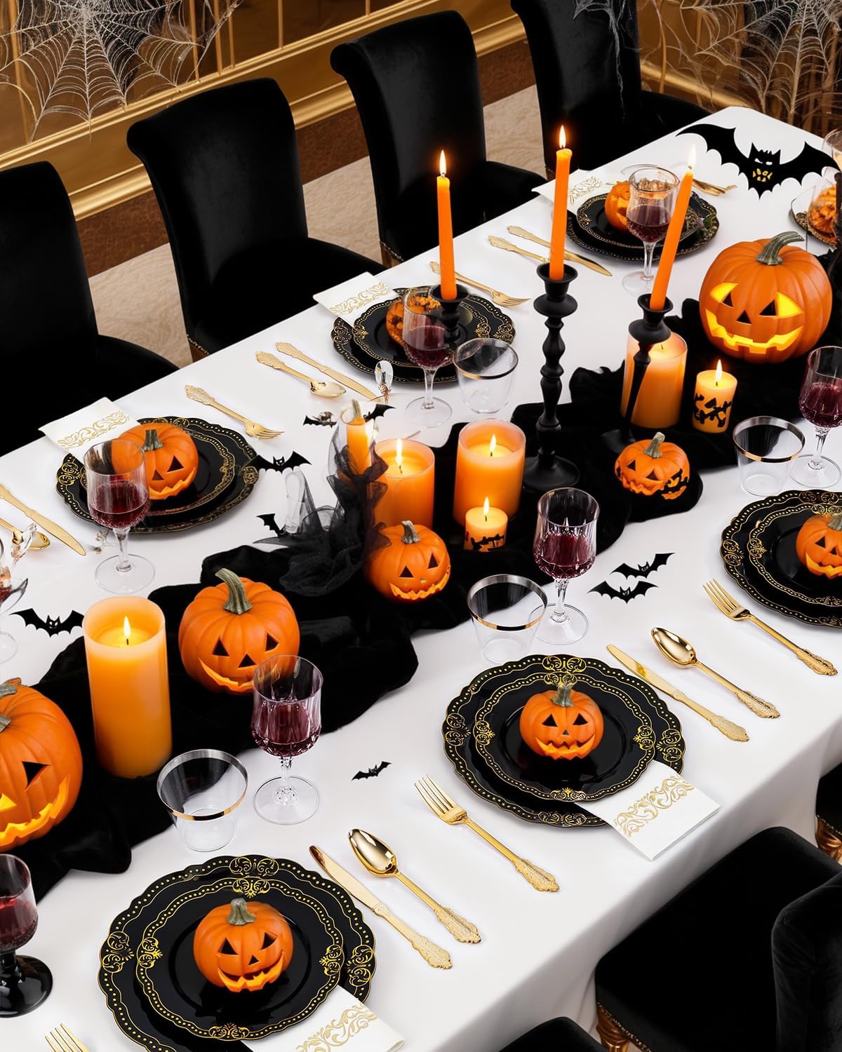 Ciaell 175 PCS Black and Gold Plastic Plates - Black Disposable Dinnerware Set with 50 Plates, 25 Knives, 25 Forks, 25 Spoons, 25 Cups, 25 Napkins for New Year’s Day, Parties and Weddings
