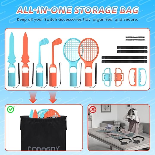 CODOGOY 12-in-1 Switch Sports Accessories Bundle for Switch 1/2/OLED - Complete Family Sports Kit with Storage Bag, Exclusive Bowling Grips & 2 Player Support for Nintendo Switch Sports Games,Switch 1/2 Compatible