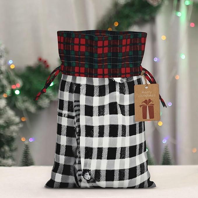PULaif Black And White Plaid Christmas Drawstring Gift Bags, Large Size Christmas Bags For Gifts Party Favors, Xmas Gift Bags