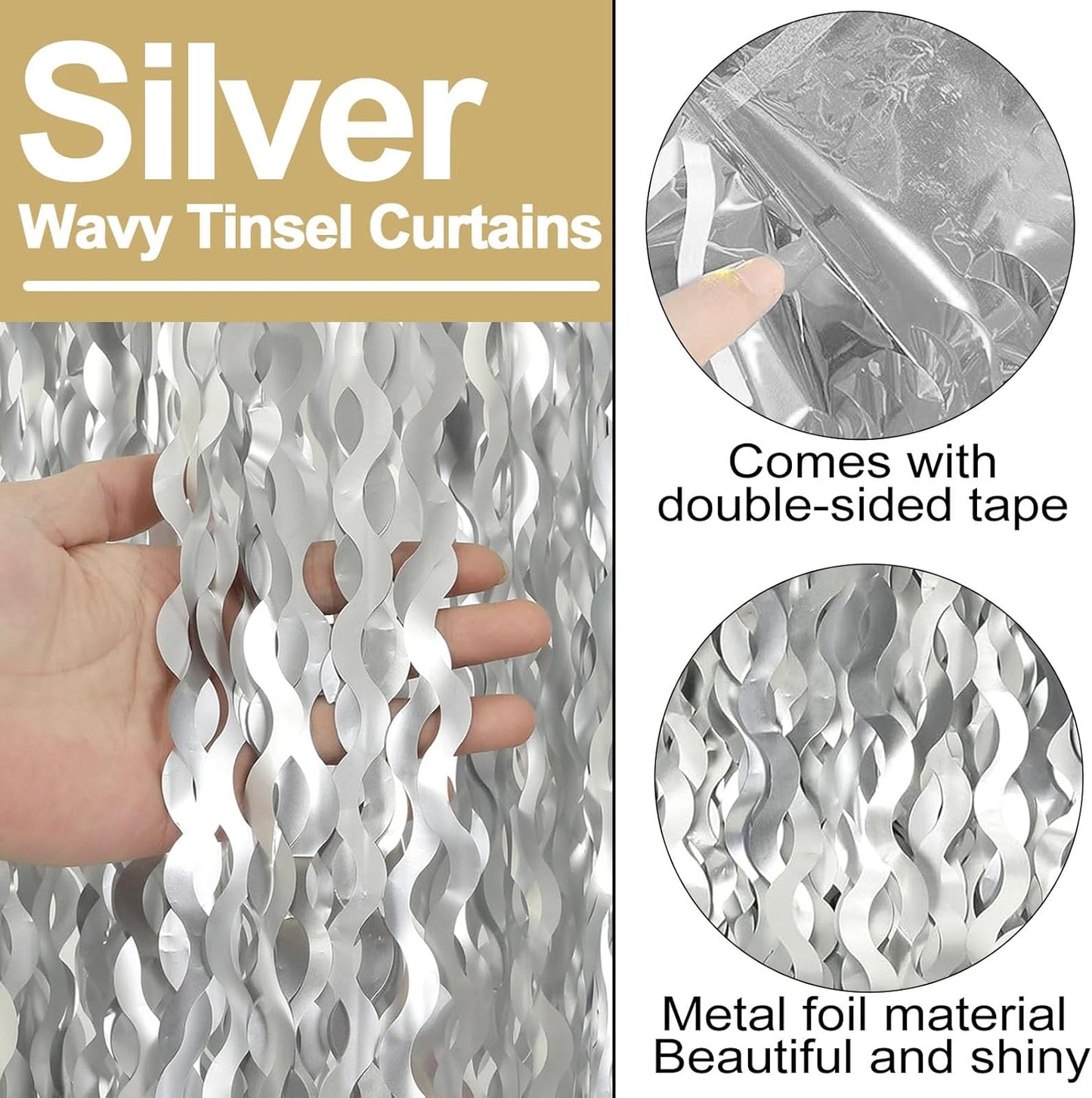 4 Pack Silver Fringe Curtain Backdrop 3.2Ft x 8.2Ft Metallic Tinsel Foil Fringe Streamers Background for Photo Booth Mother's Day, Easter, Carnival, Birthday, Wedding Party Decoration