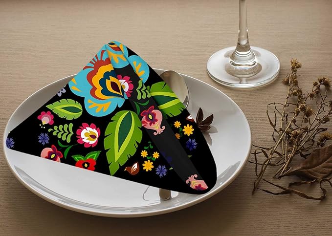 Yibeas Traditional Floral Cloth Napkins Set of 4 Soft Polish Folk Flower Pattern Polyester Dinner Napkin for Family Restaurant Weddings Parties