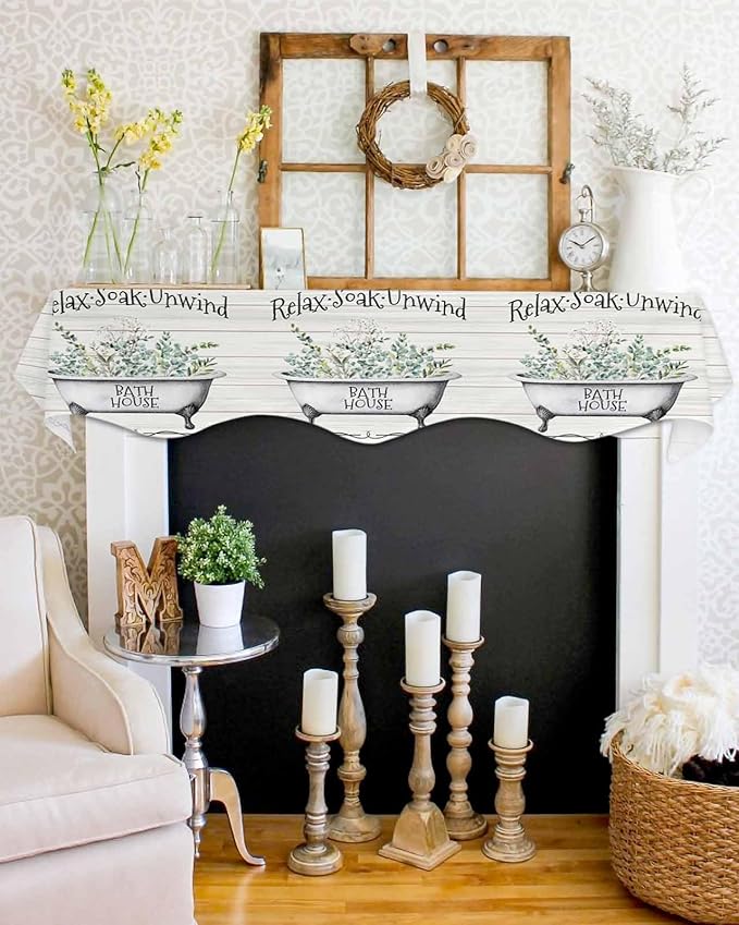 Bathtub Eucalyptus Leaves Fireplace Mantel Scarf Table Runner, Farmhouse Botanical Wooden Winter Garland Mantel Top Tablerunners Dresser Scarves Decorations for Windows Party Living Room 70''x17''