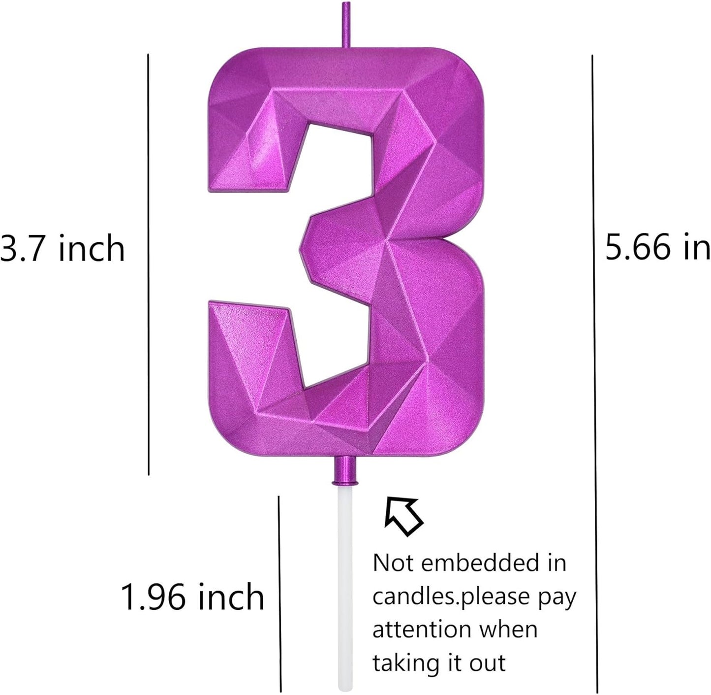 DERVENTA Large Birthday Candle Number 3D Purple 3.7 inch Party Celebration Anniversary Decoration Cake Topper 1 Piece (Number 3 Purple)