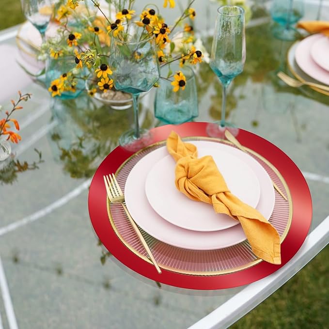 KesaPlan 100 PCS Round Red Placemats, 13" Disposable Paper Placemats for Dining Table, Mirrored Red Charger Place Mat for Christmas Thanksgiving Kitchen Banquet Table Setting Wedding Dinner Party