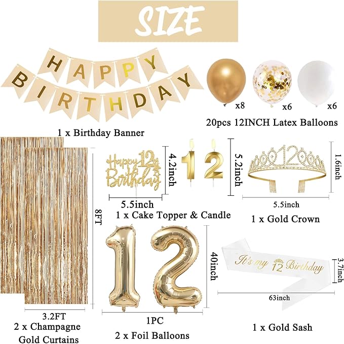 Trgowaul 12th Birthday Decorations for Girls, Banner, Sash and Crown, Cake Topper, 12 Number Balloon, Fringe Curtains, Champagne Gold 12th Birthday Party Supplies