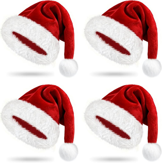 Santa Hats Adult, Christmas Hats for Women or Men, Gorros De Navidad Classic Extra Thicken Plush Xmas Santa Hat for New Year, Unisex Adult Size 4Pcs