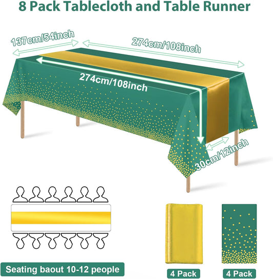 8Pack Disposable Plastic Party Tablecloths and Satin Table Runner Set Green and Gold Dot Table Cloth Gold Satin Table Runner for Wedding Birthday Baby Shower Anniversary Holiday Party Decorations