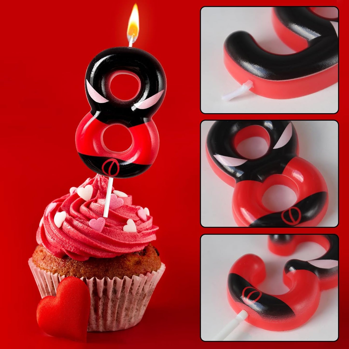 Black Red Mask Number 8 Birthday Candles - Comic Themed Cake Topper for Birthday Decorations Supplies, 8 Candle Party Favors (Number 8)