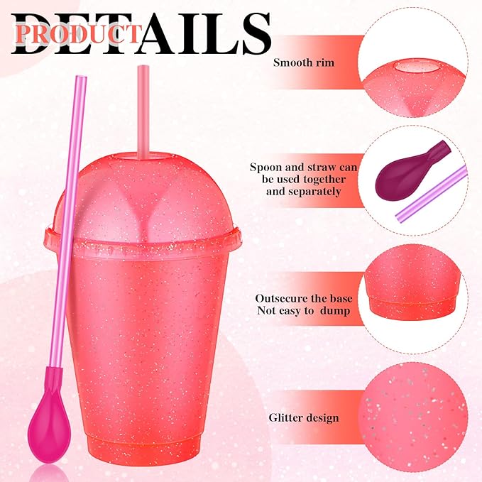6 Set Slushie Cups with Dome Lids and Straws Detachable Spoon Straws Reusable Plastic Iced Coffee Cups Smoothie Tumbler for Birthdays Summer Party Supplies(Multi Color,16 oz)