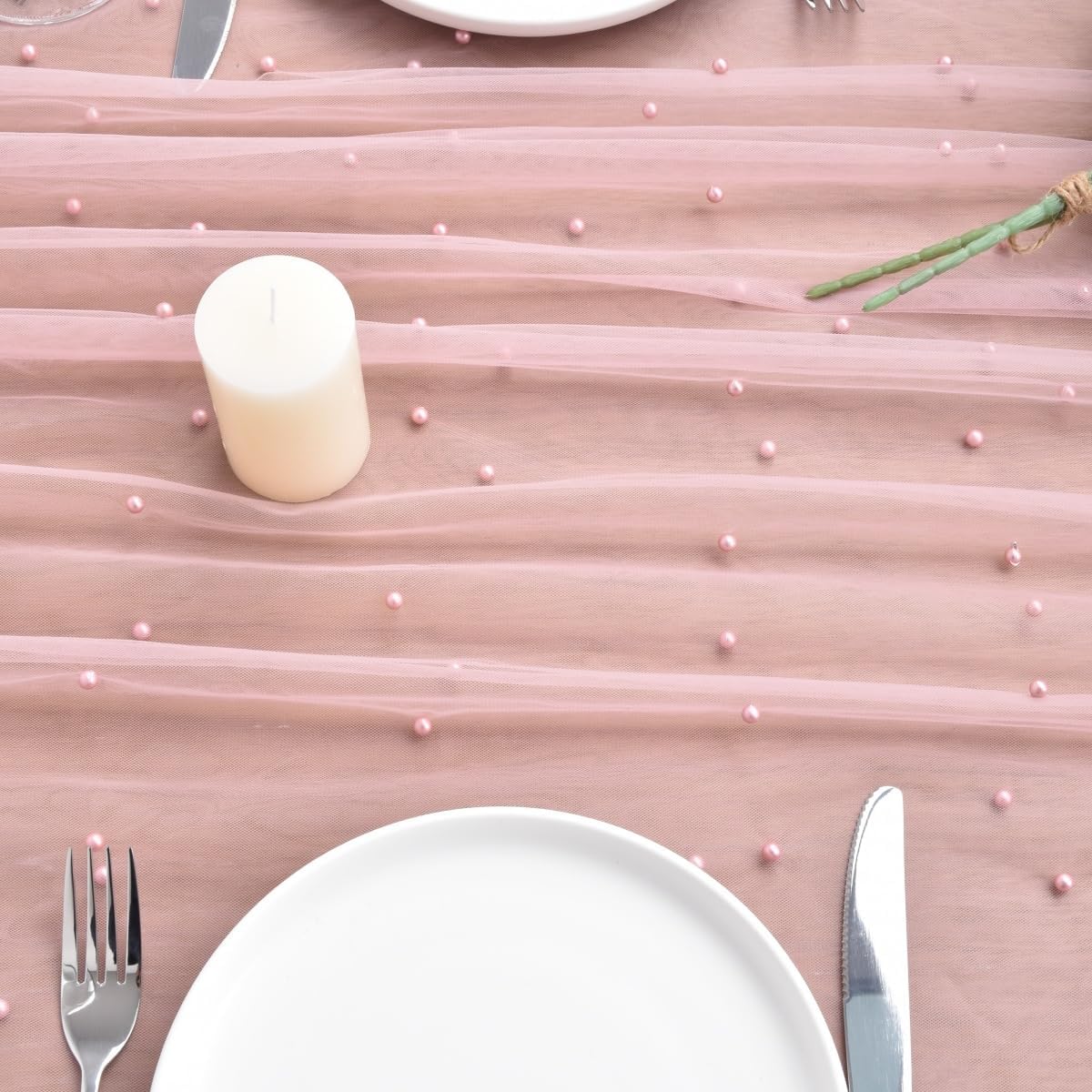 Dusty Rose Pearl Fall Thanksgiving Table Runner Boho Rustic Tulle Lace Table Runner for Baby Shower Wedding Arch Decor Veil Dessert Table Decor