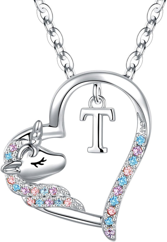 Anoup Unicorn Gifts for Girls Necklace - Colorful CZ Heart Pendant A-Z Initial Necklaces Cute Unicorns Jewelry Birthday Gift for Girl