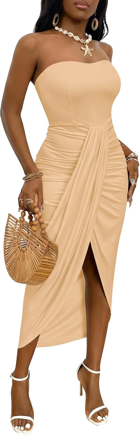 Umenlele Women's Strapless Ruched High Waist Wrap Split Asymmetrical Beach Maxi Long Dress