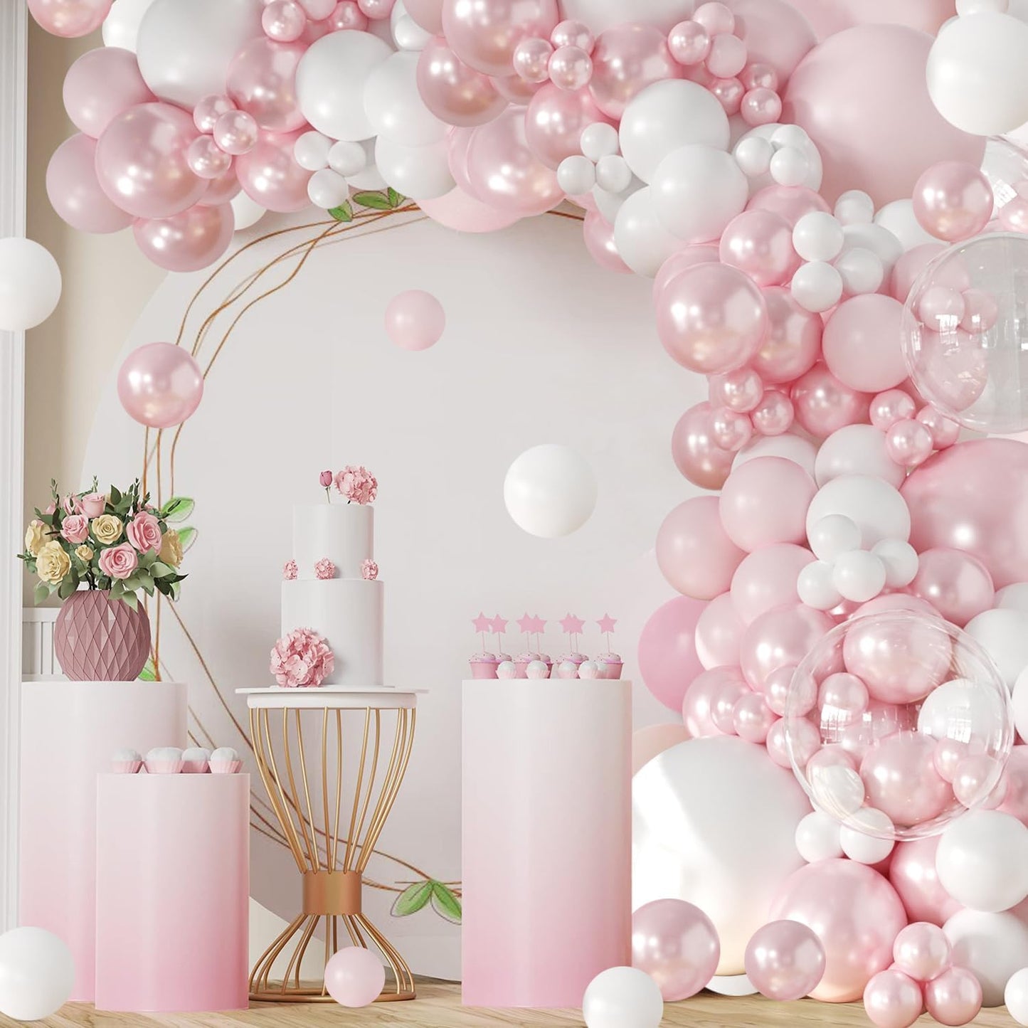Pink Balloon Arch Kit 108Pcs Double Stuffed Balloons Garland Including Pink Pearl White Macaron Pink Balloons Different Size for Wedding Birthday Baby Shower Bachelorette Party Decorations