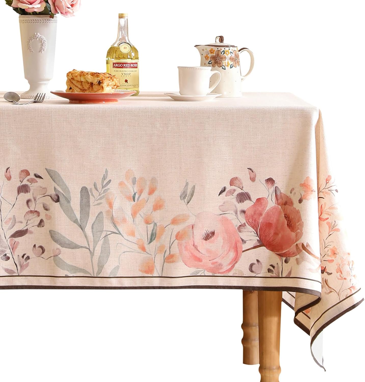 Linen Long Rectangle Tablecloth,French Vintage Pink Floral Pattern Wrinkle Free Table Cloth,Decor Table Cover for Kitchen,Dining,Tea Party,Thanksgiving,Christmas,63"*110"-Sloosa
