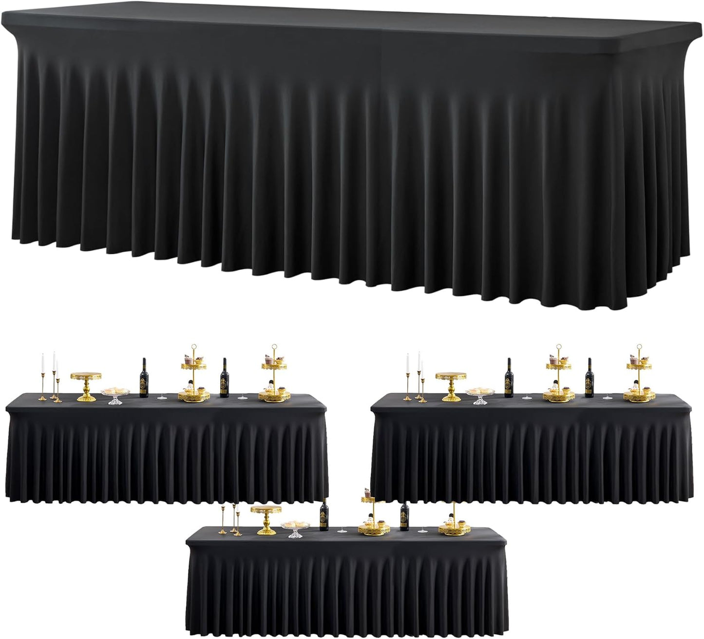 3 Pack Black Spandex Tablecloths for 8 Foot Rectangle Tables, Stretchy Fitted 8ft Table Cloths, Wrinkle Free Table Cloth Cover for Parties Weddings Birthday Banquet Baby Shower