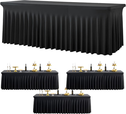 3 Pack Black Spandex Tablecloths for 8 Foot Rectangle Tables, Stretchy Fitted 8ft Table Cloths, Wrinkle Free Table Cloth Cover for Parties Weddings Birthday Banquet Baby Shower