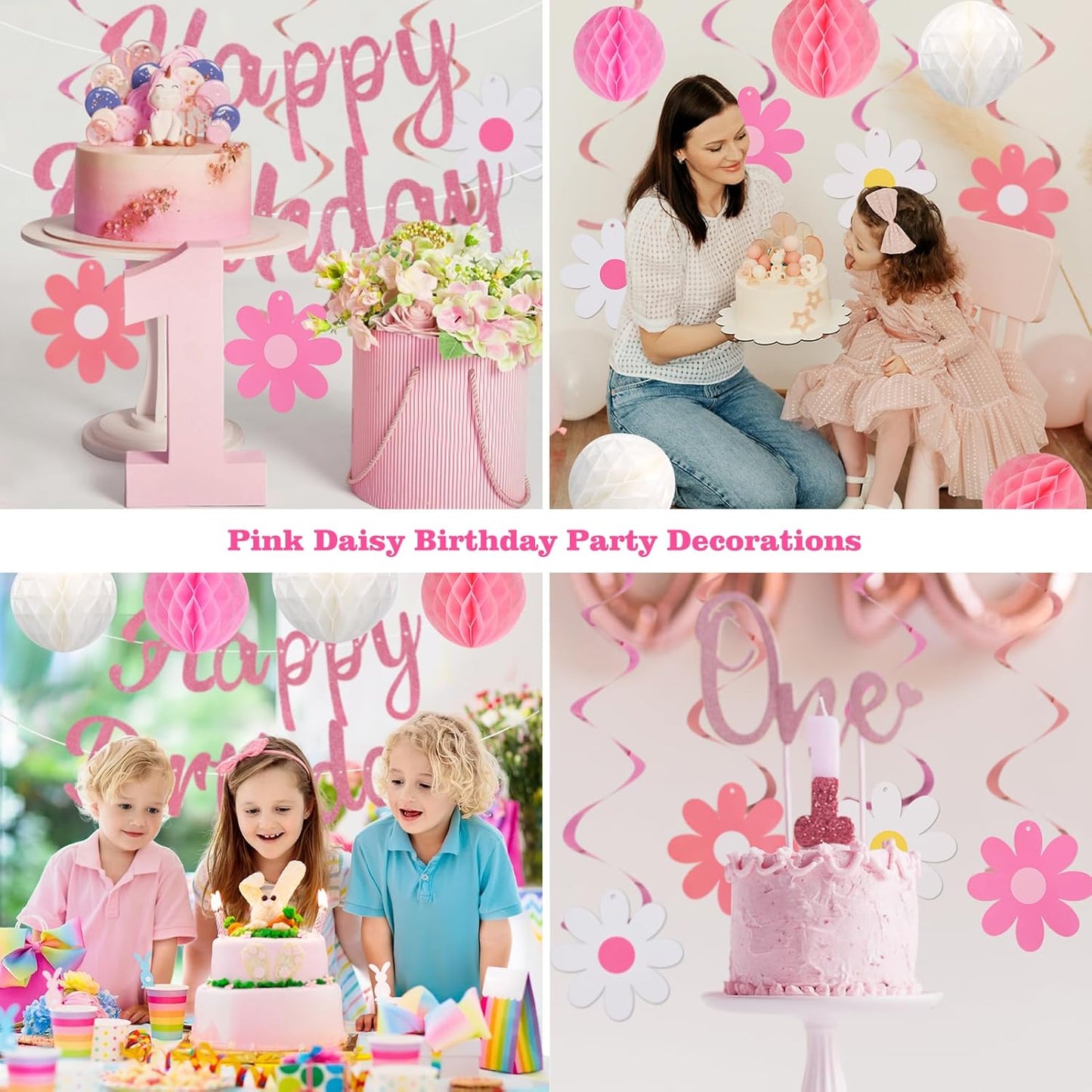 Birthday Decorations, NO DIY, Pre-Strung Happy Birthday Banner with Honeycomb Balls, Hanging Swirls, Circle Dots Garland, Happy Birthday Party Decorations for Women Men Boys Girls (Pink)