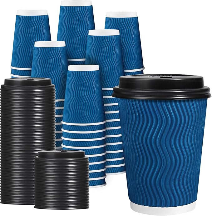 Lamosi 12 OZ Disposable Coffee Cups with Lids 100 Pack, Hot Paper Insulated Corrugated Ripple Wall Cup for To Go Drinks and Beverages
