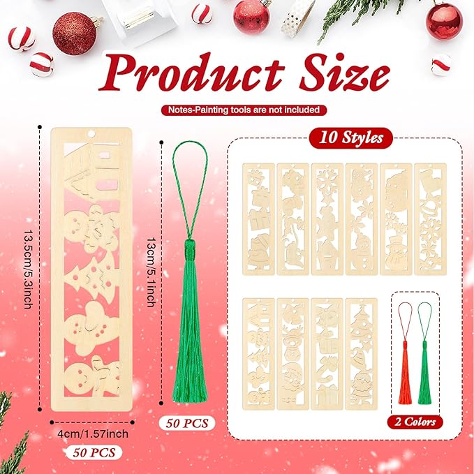 Yexiya 100 Pcs/50 Set Christmas DIY Wooden Bookmarks Bulk for Book Lovers, Christmas Bookmarks Decorations, Santa Snowman Elk Gingerbread Book Markers, Xmas Birthday Holiday Gift Art Project