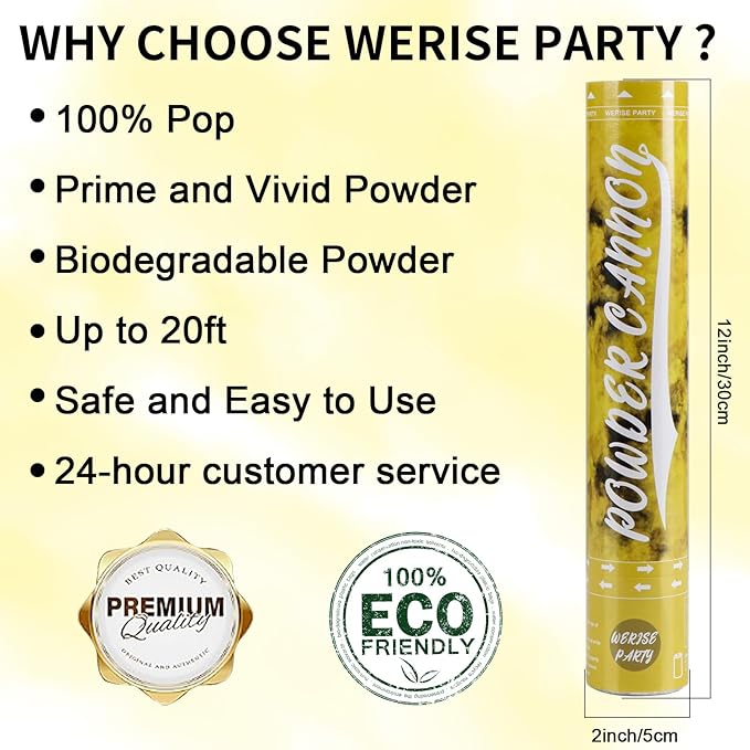 Yellow Powder Cannon Poppers, WERISE Party Biodegradable Smoke Poppers Cannon 12 Inch Powder Poppers for Birthday Wedding Graduation Party and Celebrations 2 Pack