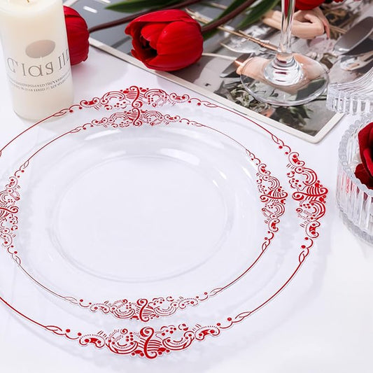 Nervure 100PCS Clear and Red Plastic Plates - Clear Red Disposable Plates Set, 50PCS 10.25" Dinner Plate & 50PCS 7.5" Dessert Plate Perfect for Wedding & Party