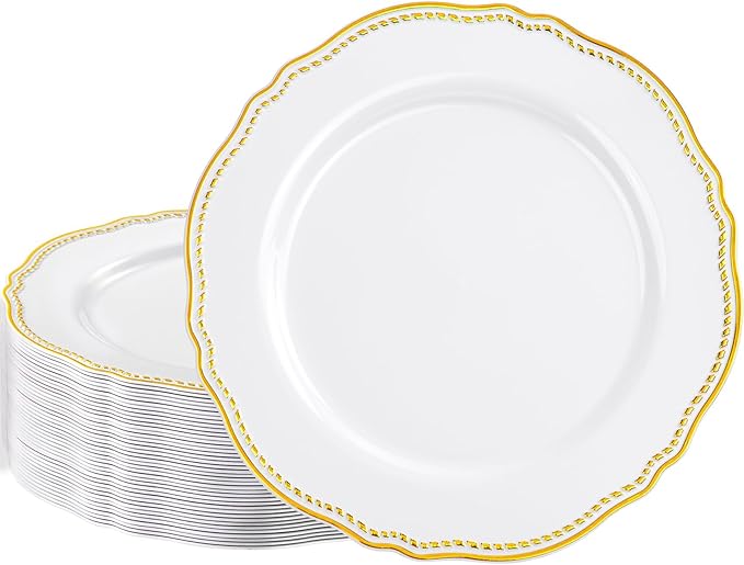 Hioasis 60pcs Gold Plastic Plates - White and Gold Disposable Dinnerware with Gold Rim, Heavy-duty, 10 inch, Dinner Plates for Party & Wedding