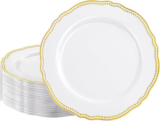 Hioasis 60pcs Gold Plastic Plates - White and Gold Disposable Dinnerware with Gold Rim, Heavy-duty, 10 inch, Dinner Plates for Party & Wedding