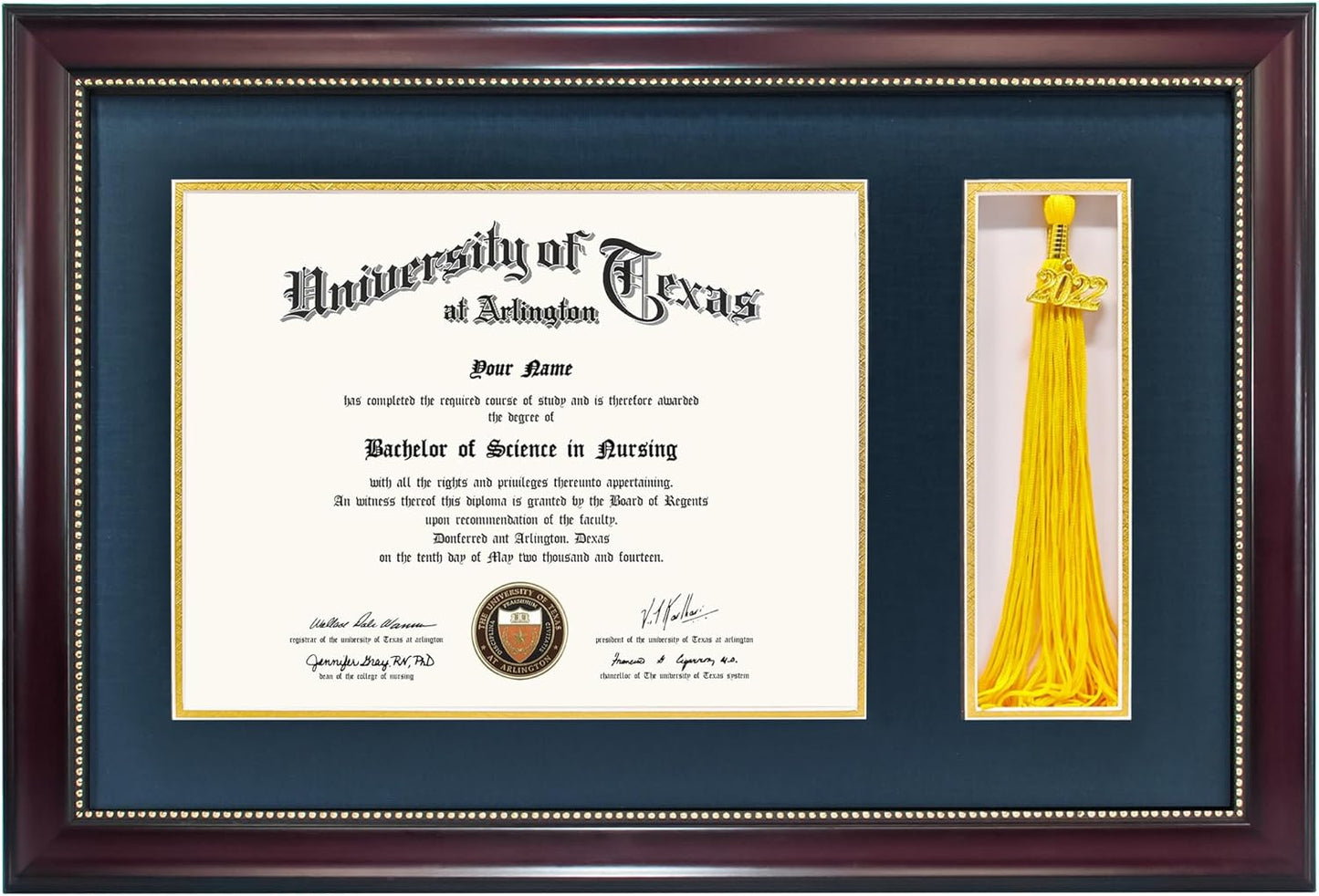 GraduationMall 11x17 Mahogany Diploma Frame with Tassel Holder for 8.5x11 Certificate Document,Real Glass, Navy Blue over Gold Mat