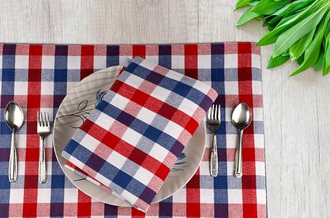 Urban Villa July 4th Placemats for Dining Table Patriotic Placemats 100% Cotton (Set of 6) 14''x20'' Oversized Tablemats for Family Dinner Parties (Red/Blue/White Buffalo Checks)