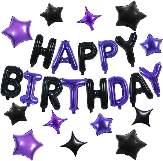 TONIFUL 35PCS Black Purple Happy Birthday Decorations Kit 16 Inch Happy Birthday Balloon Banner Decorations Supplies for Men Women Adults Girls Boys Kids for Halloween Chrismas New Year