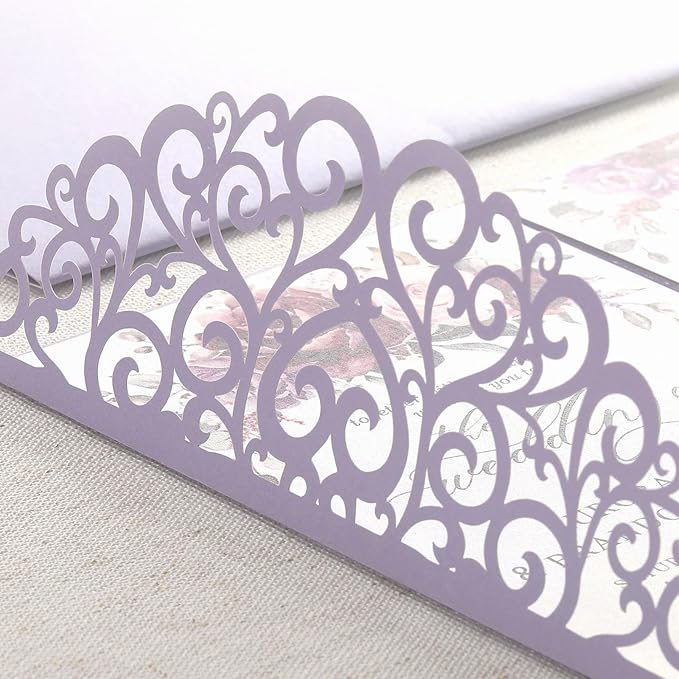 Wedding Invitations with Envelopes and RSVP Cards 50PCS Purple Laser Cut Invitation with Blank Cards and Envelopes Seals RSVP for Wedding Birthday Party Girl Baby Bridal Shower