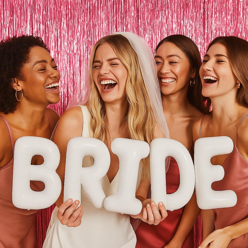 KatchOn, Bachelorette Party Decorations Set - Huge Pack of 3 | White Bride Balloons Bachelorette, Pink Backdrop Curtain | Bridal Shower Decorations, Pink Streamers Party Supplies | Wedding Decorations