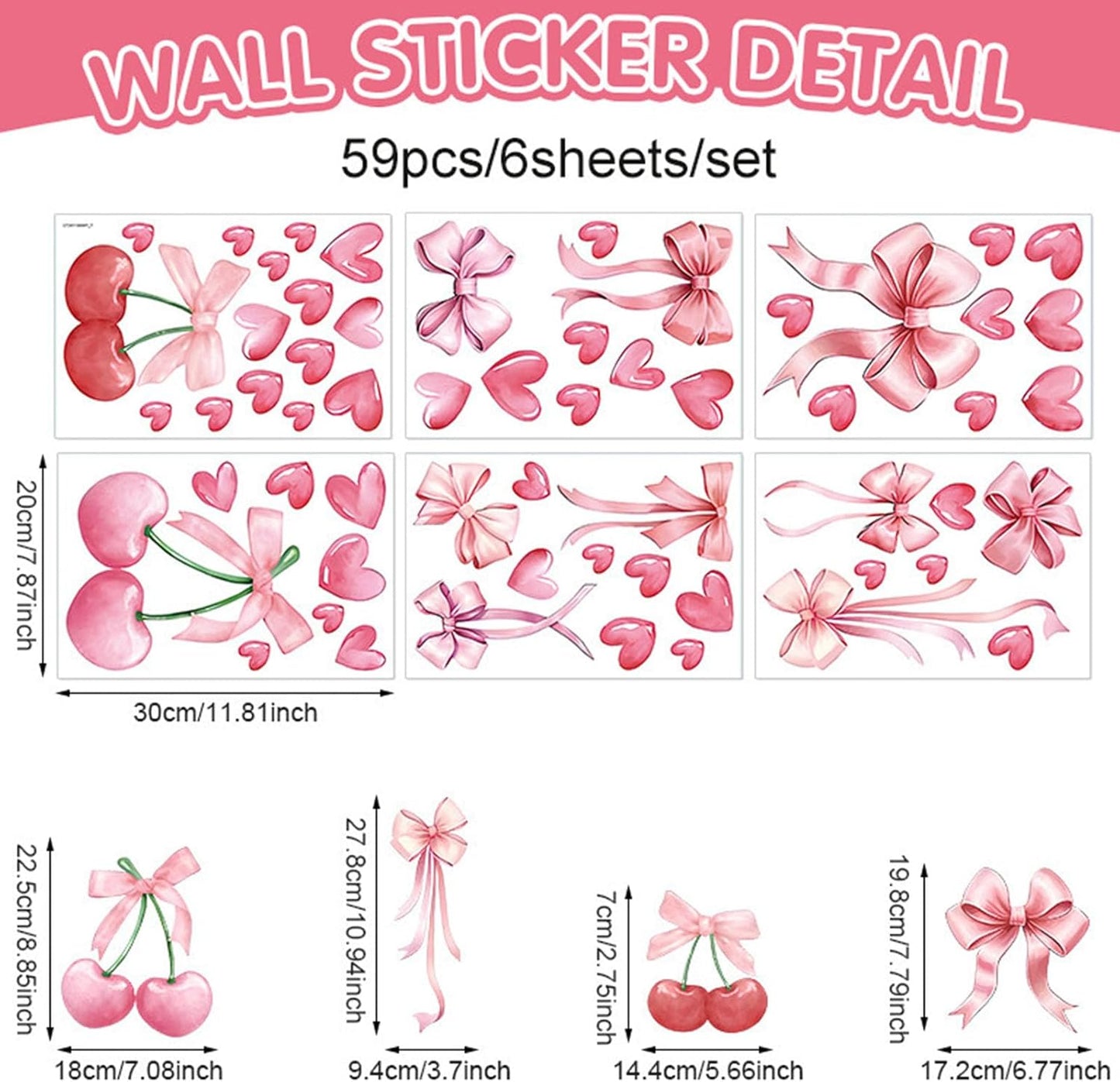 58pcs Bowtie and Cherry Room Decor Pink Wall Stickers and Decals for Bedroom Bathroom and Living Room Cherry Wall Sticker and Decal Bow Decor