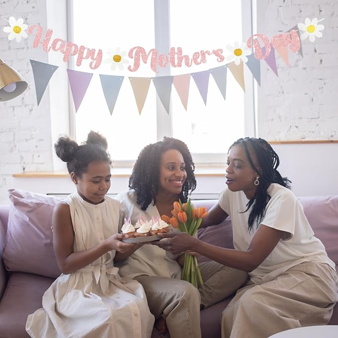 Happy Mother's Day Banner Set Decoration for Mother's Day Party Decorations Backdrop Garland for Mom Glitter Garland Photo Props (Rose Gold)