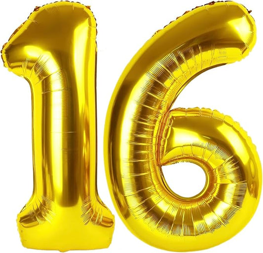Gold Number 16 Balloon 40 inch, 16 Number Balloons, 16th Gold Birthday Decorations, 16 Year Old Girls Boys Golden Party Supplies