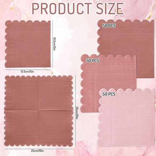 Whaline 150Pcs Dusty Pink Cocktail Napkin Gradient Color Scalloped Paper Napkin 3 Colors Thick Disposable Party Dinner Dessert Beverage Napkin for Party Supplies Table Decor, 5 x 5 In