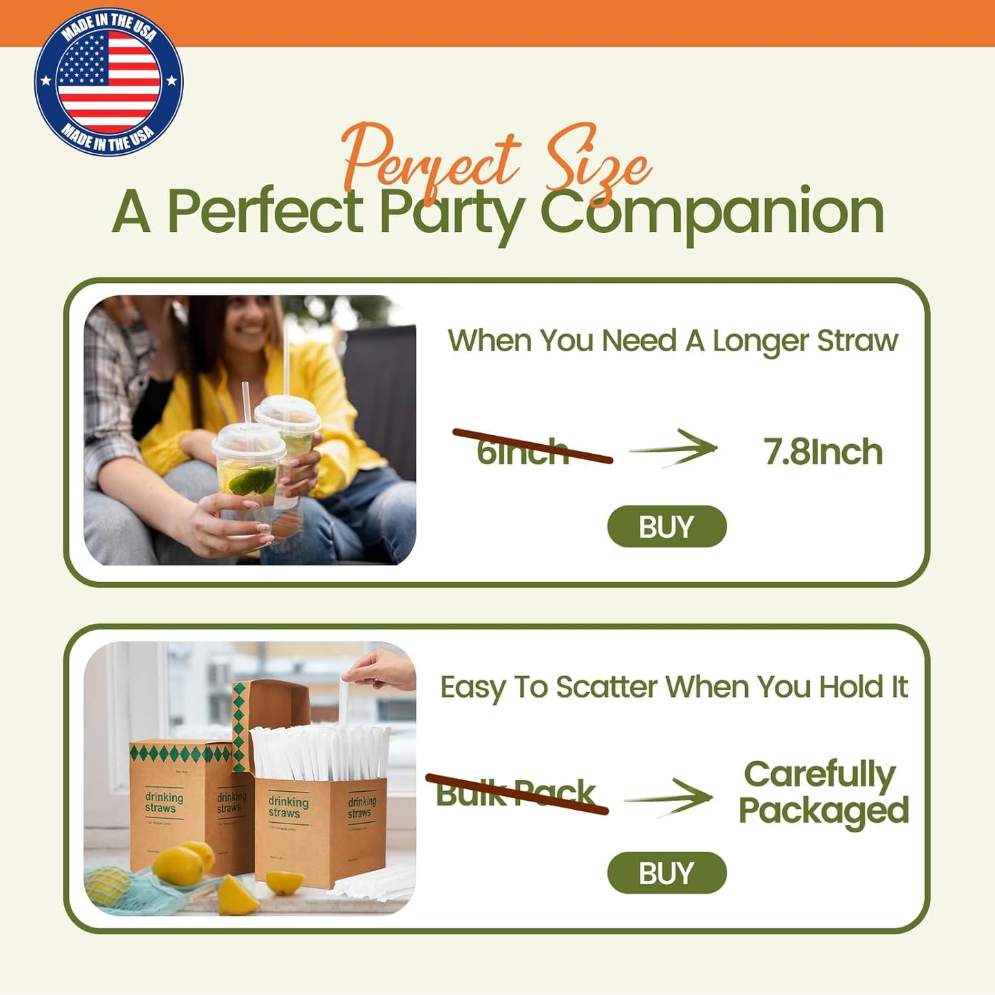Plastic Straws [500 Pcs-7.8" Long] Individually Wrapped Clear Disposable Drinking Straws - Made in USA - Straight Long Straws for Party, 0.23'' Diameter