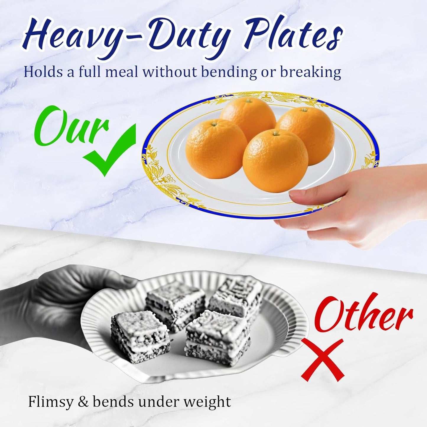 MENDENG 100Pcs Disposable Plastic Plates for Party, 50x7.5Inch & 50x10.25Inch Elegant Fancy Plastic Wedding Plates Disposable, Heavy Duty Dessert Party Dinner Plates