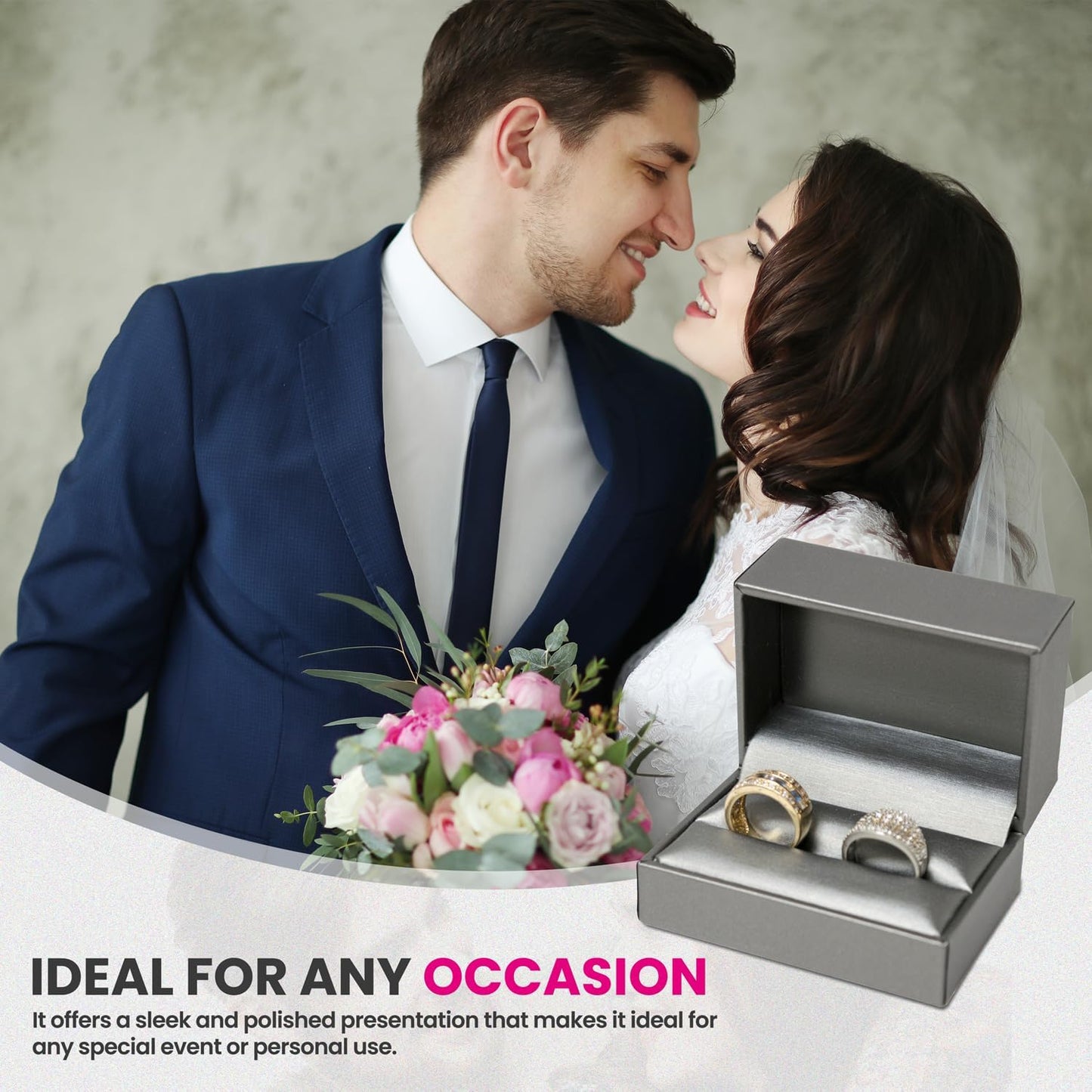 Novel Box Silver Jewelry Box for Double Rings 3.12x2.12x1.87 Inches - Double Rings Gift Box for Proposal Wedding Engagement - Faux Leatherette Jewelry Display Box - Gift Presentation Boxes for Rings