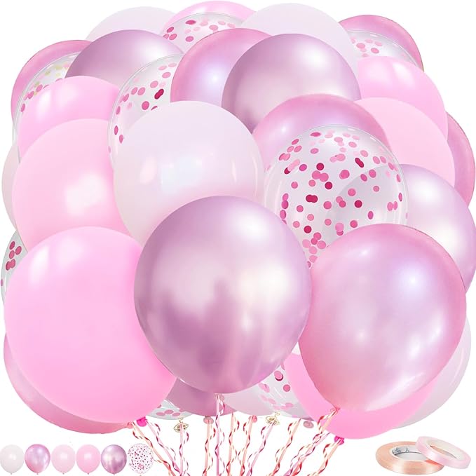 Pink Balloons, 60Pcs 12inch Metallic Pearly Matte Pink Confetti Balloons for Girl Women Birthday Decorations, Wedding, Christening, Baby Shower Party