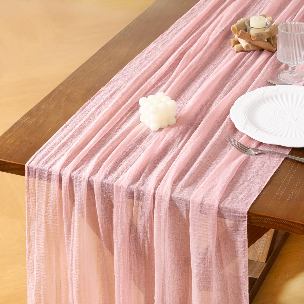Socomi Pink Gauze Fall Thanksgiving Cheesecloth Table Runner Blush 120 Inch Rustic Boho Cheese Cloth Runner for Wedding Party Baby Bridal Shower Centerpiece Decoration Holiday Home Decorations