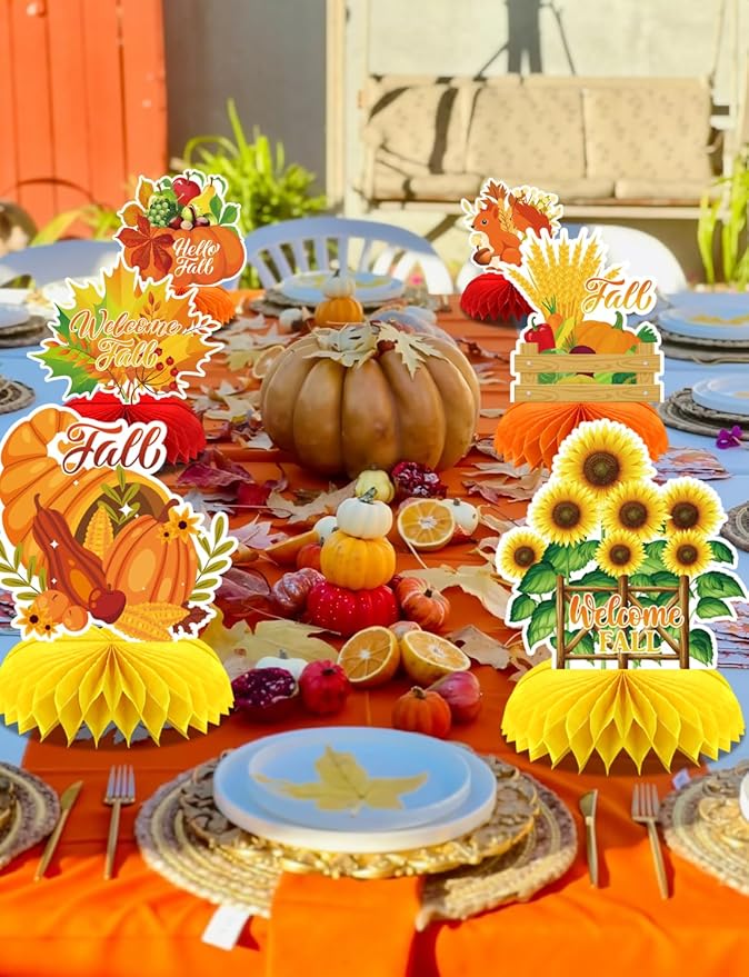 Fall Table Decorations - 9Pcs Fall Honeycomb Centerpieces for Tables with Pumpkins, Sunflowers, Scarecrow, Squirrel for Thanksgiving Dinner, Autumn Harvest Festival, Rustic Fall Party Decorations